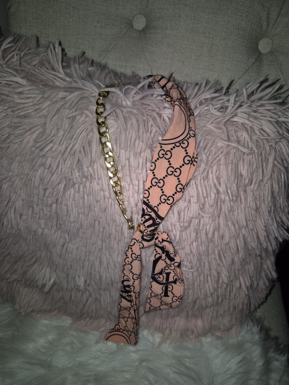 Designer Inspired Peach-Pink Logo Scarf with Gold Chain Accent Necklace